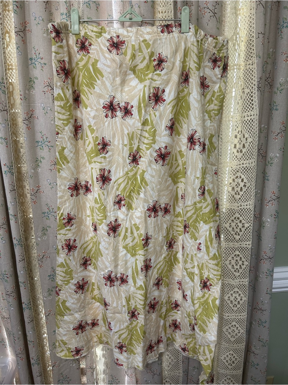 2/$28 Aegean 100% Linen Tropical Floral Midi Skirt Large Made in Turkey